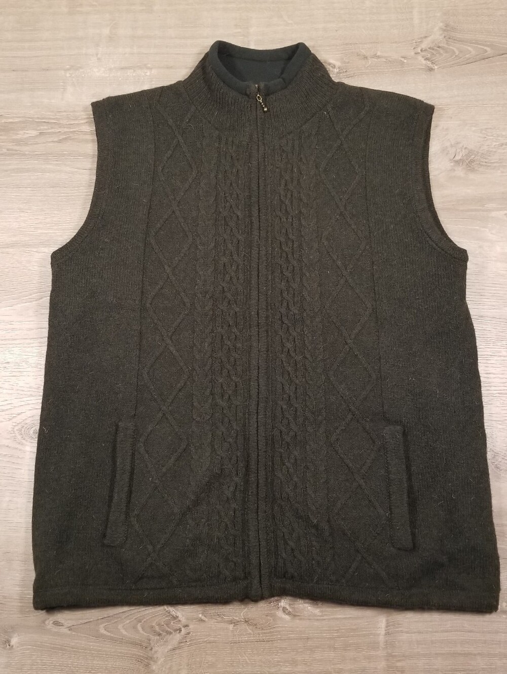 ARAN Woolen Mills Sweater Vest Mens XL Green Fisherman Gilet Wool Zip Up Knit